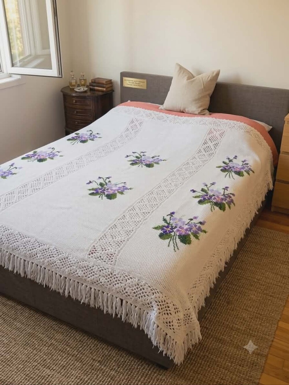 Vintage Handmade Crochet Floral Bedspread with Purple Embroidery